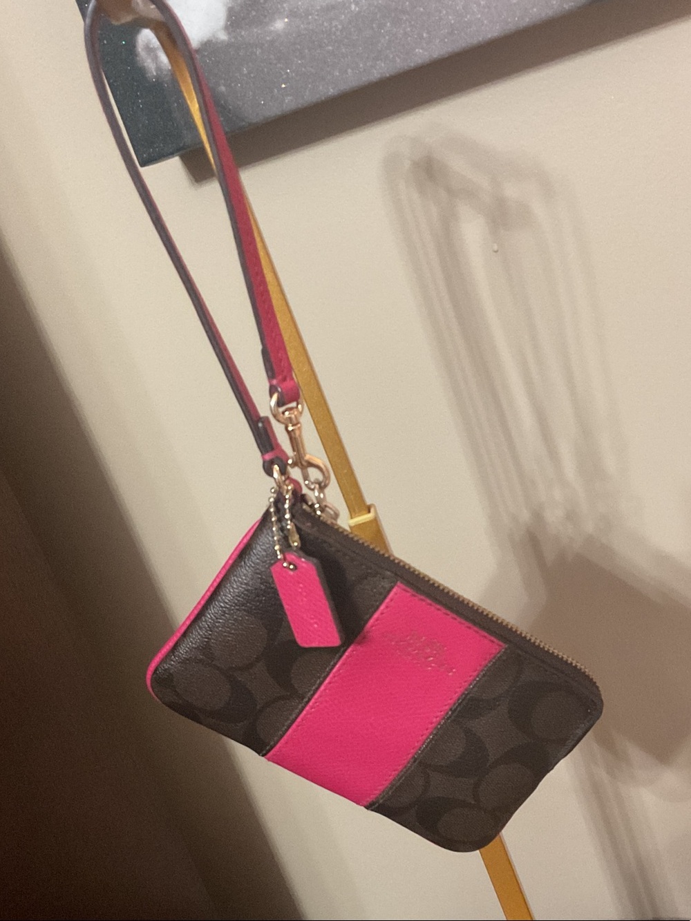 Coach Brown Signature Canvas Wristlet with Hot Pink Accent